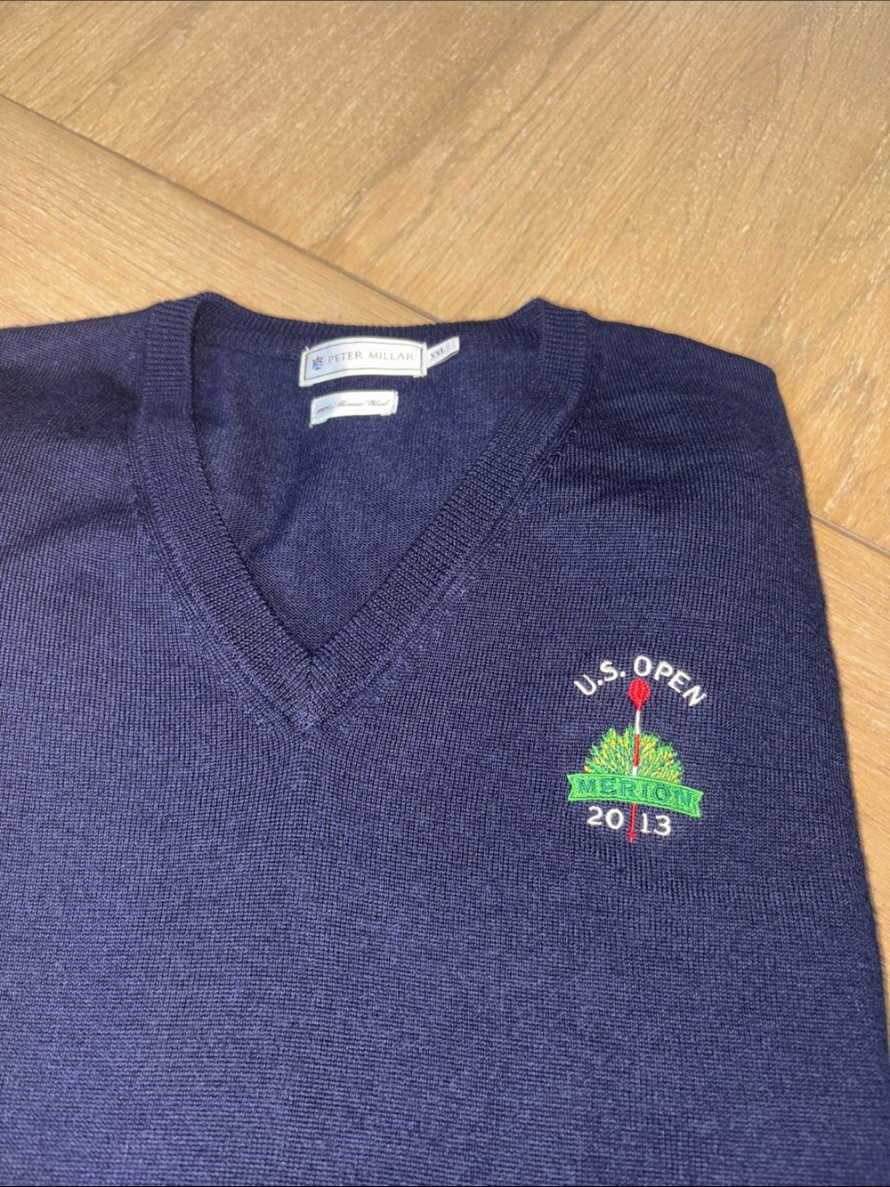 Peter Millar Navy V-Neck Sweater with U.S. Open Merion 2013 Crest